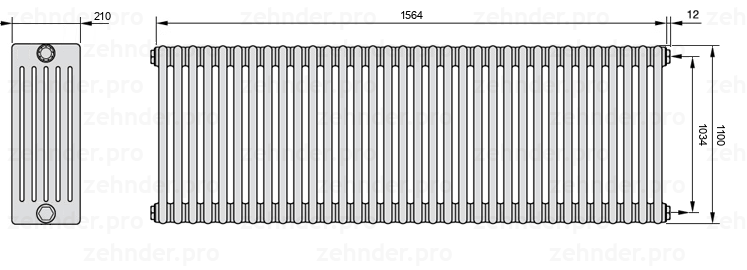 Схема (чертеж) Радиатор Zehnder Charleston 6110/34 №7610 Белый глянцевый RAL 9016
